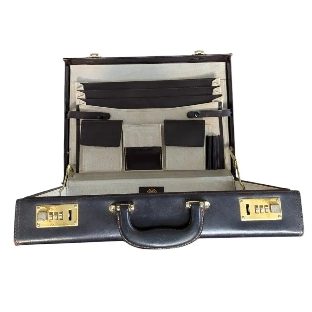 Vintage Black/Dark Navy Leather Briefcase with Combination Lock